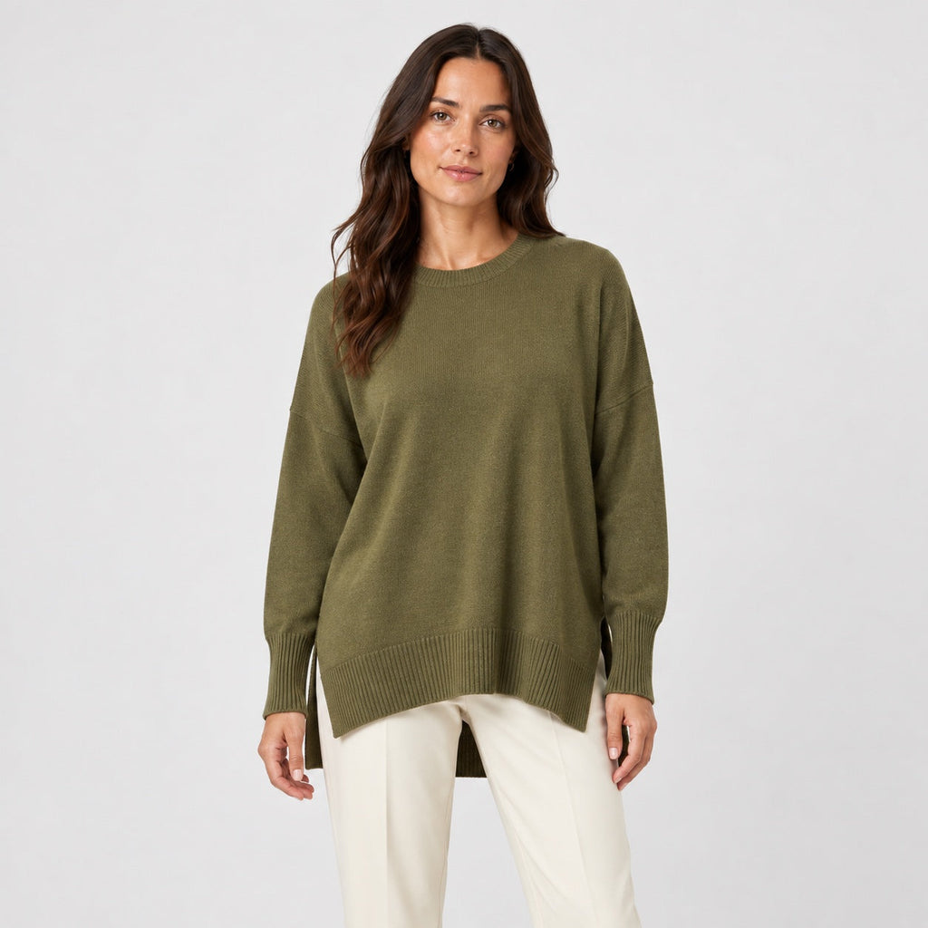 Women's Oversized High-Low Jumper in Olive Green | Gunnerside – front view