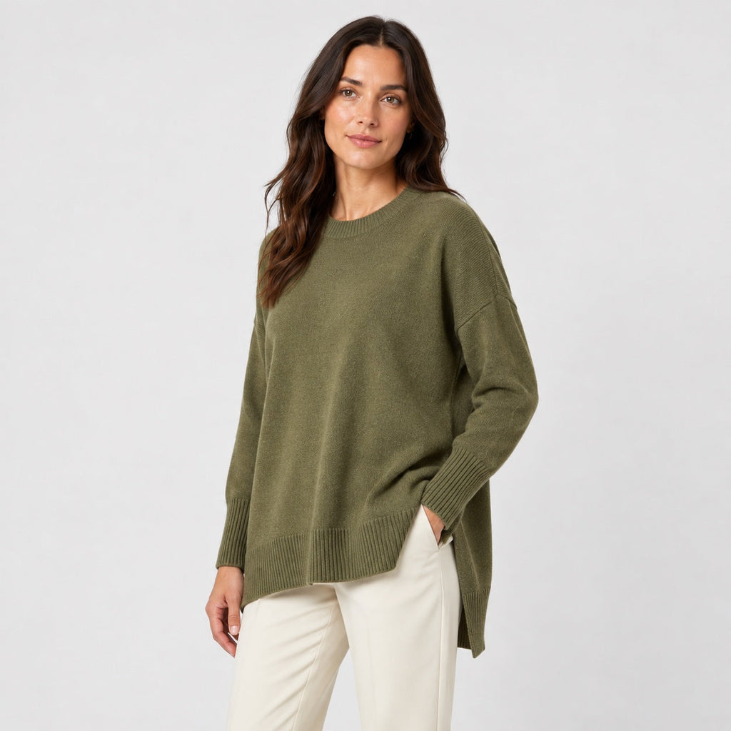Women's Oversized High-Low Jumper in Olive Green | Gunnerside – side view