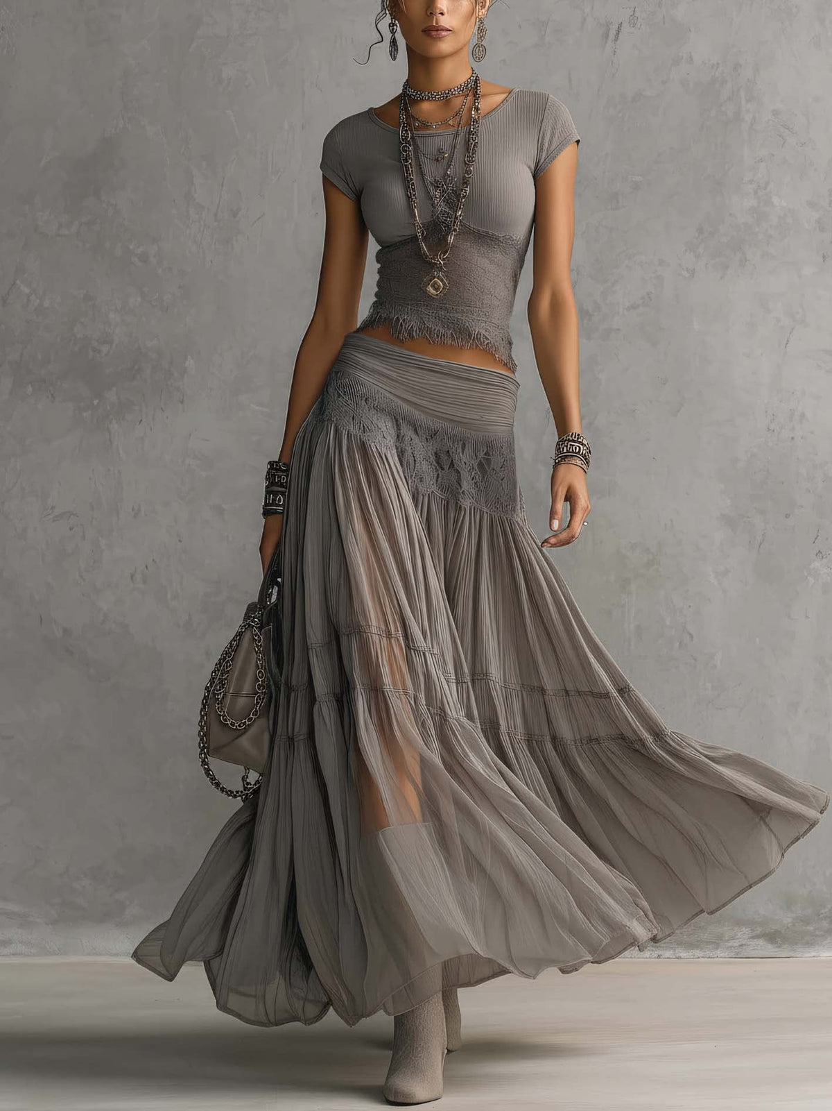 Women's lace panel top and pleated maxi skirt co-ord set