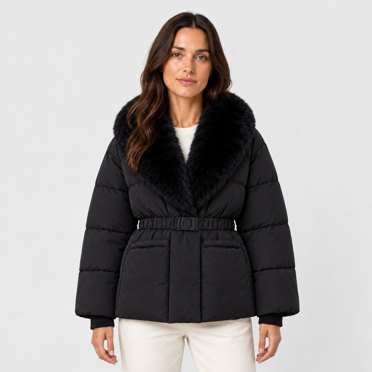 Women's belted padded jacket in Black | Everdon – front view