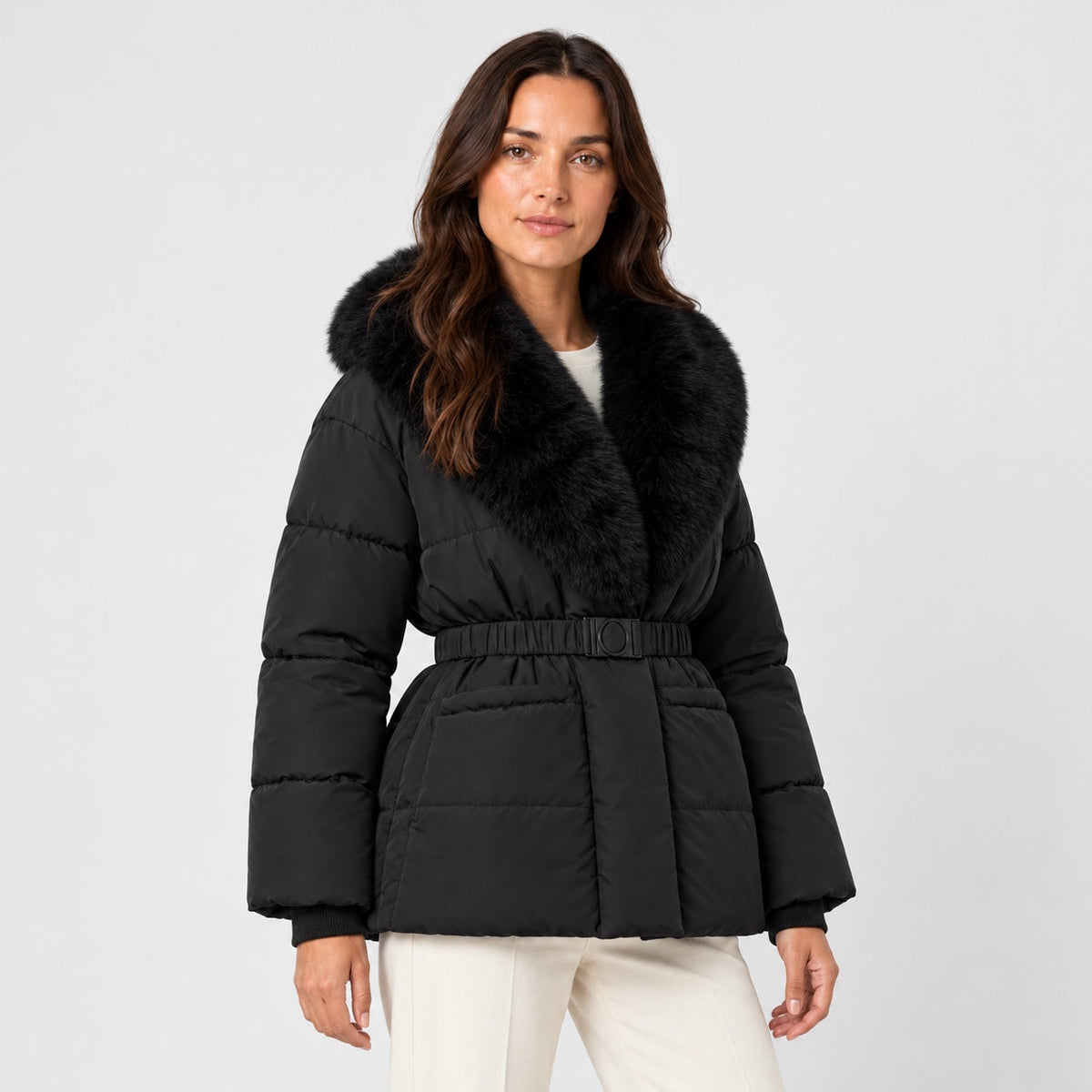 Women's belted padded jacket in Black | Everdon – side view