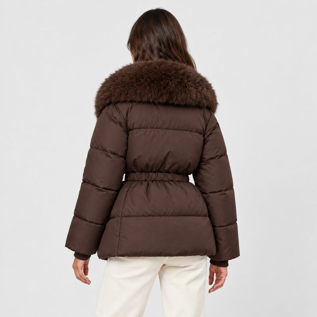Women's belted padded jacket in Brown | Everdon – back view