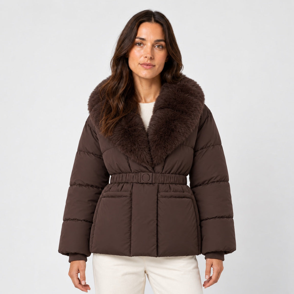 Women's belted padded jacket in Brown | Everdon – front view