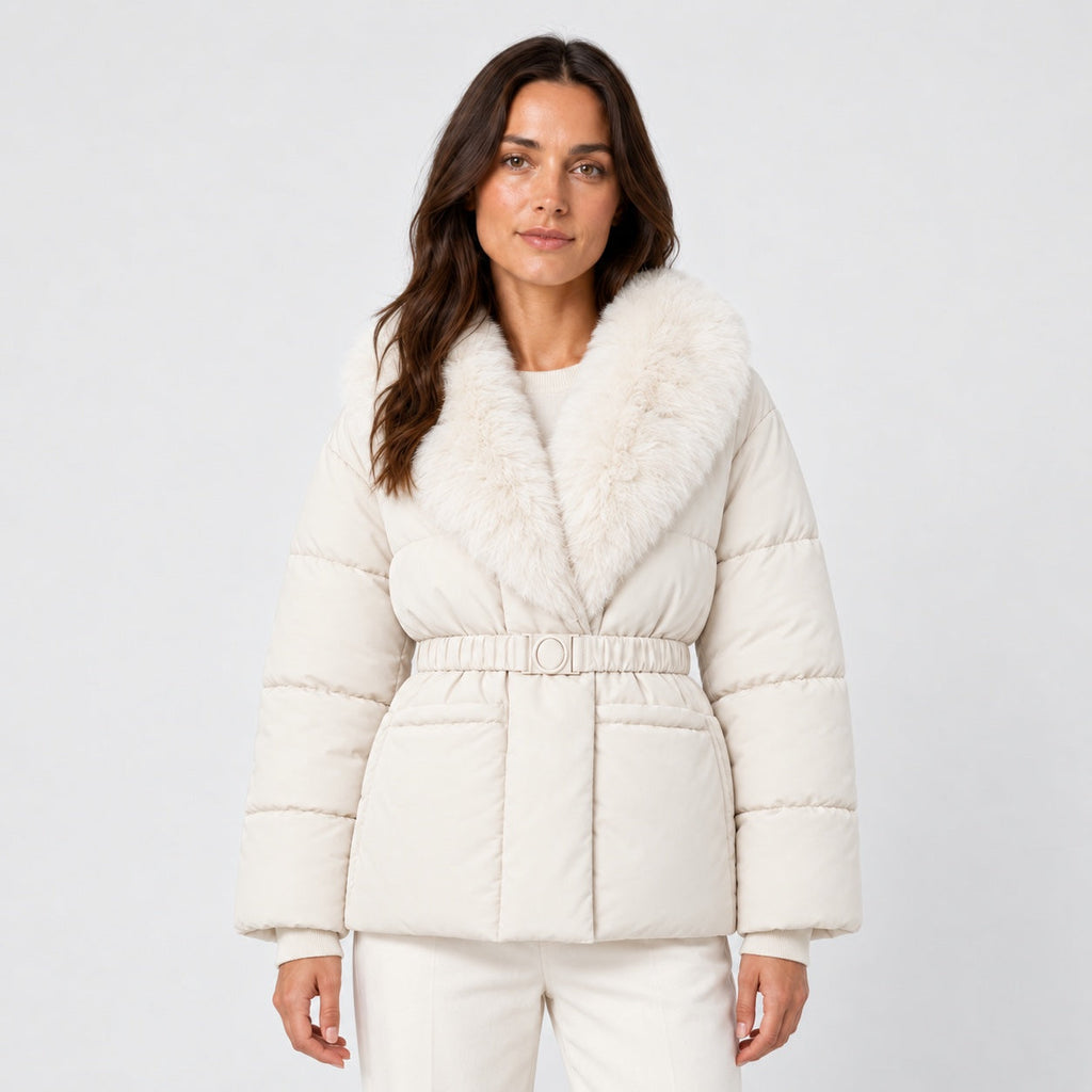 Women's belted padded jacket in Cream | Everdon – front view