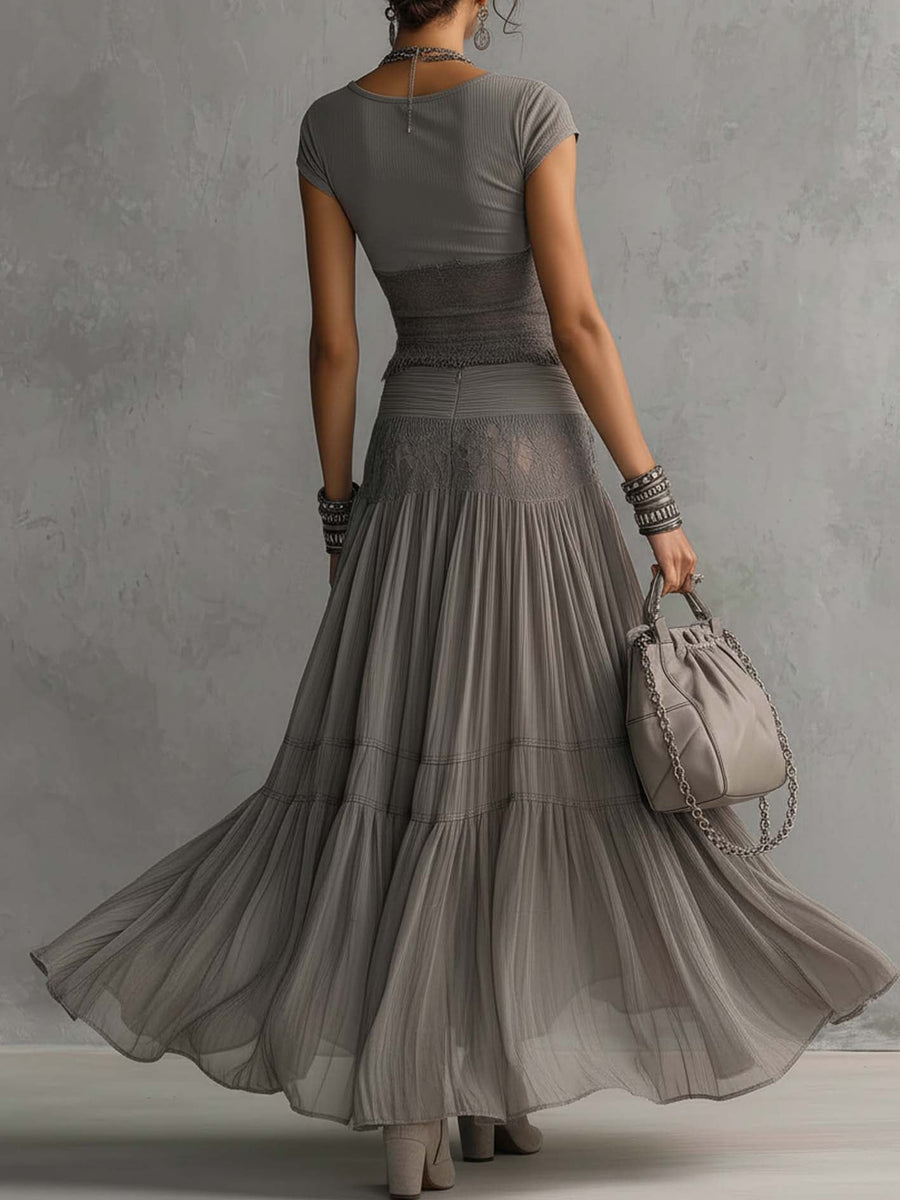 Women's lace panel top and pleated maxi skirt co-ord set