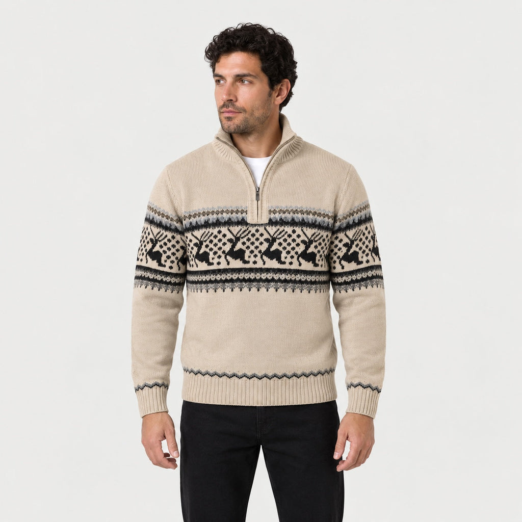 Men's Fair Isle half-zip jumper in Beige | Muchelney – front view