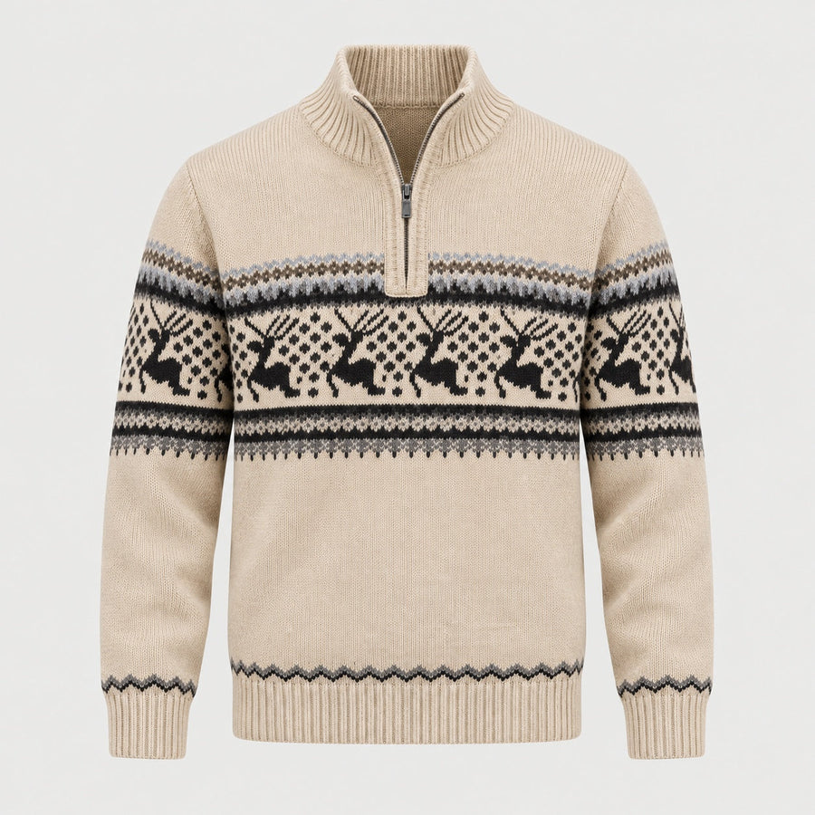 Men's Fair Isle half-zip jumper in Beige | Muchelney – front view