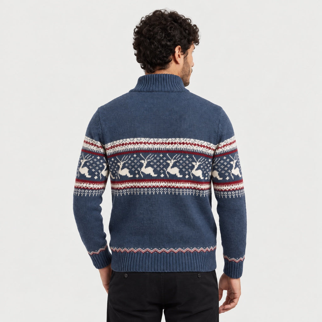 Men's Fair Isle half-zip jumper in Blue | Muchelney – back view