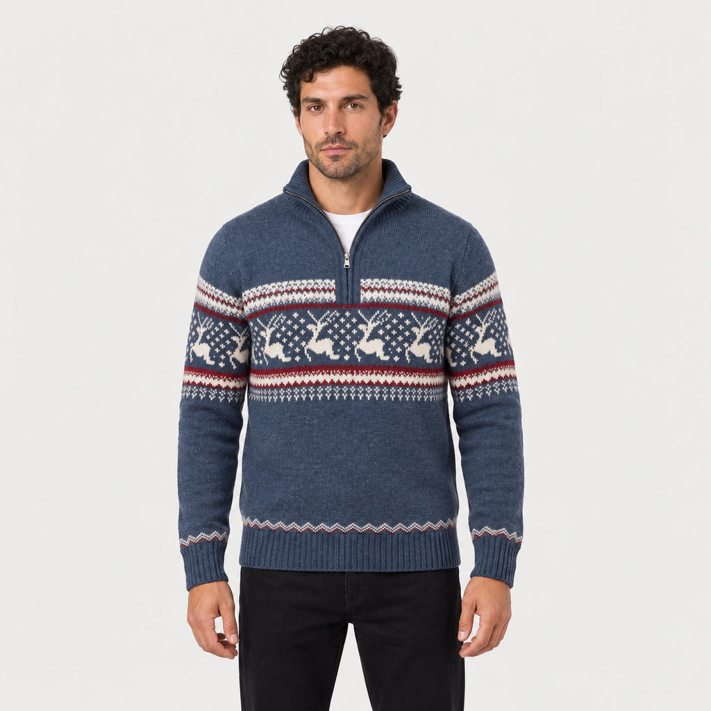 Men's Fair Isle half-zip jumper in Blue | Muchelney – front view