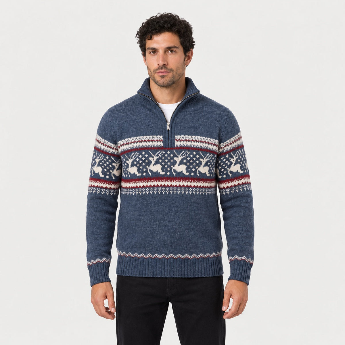 Men's Fair Isle half-zip jumper in Blue | Muchelney – front view
