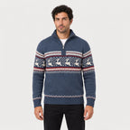 Men's Fair Isle half-zip jumper in Blue | Muchelney – front view