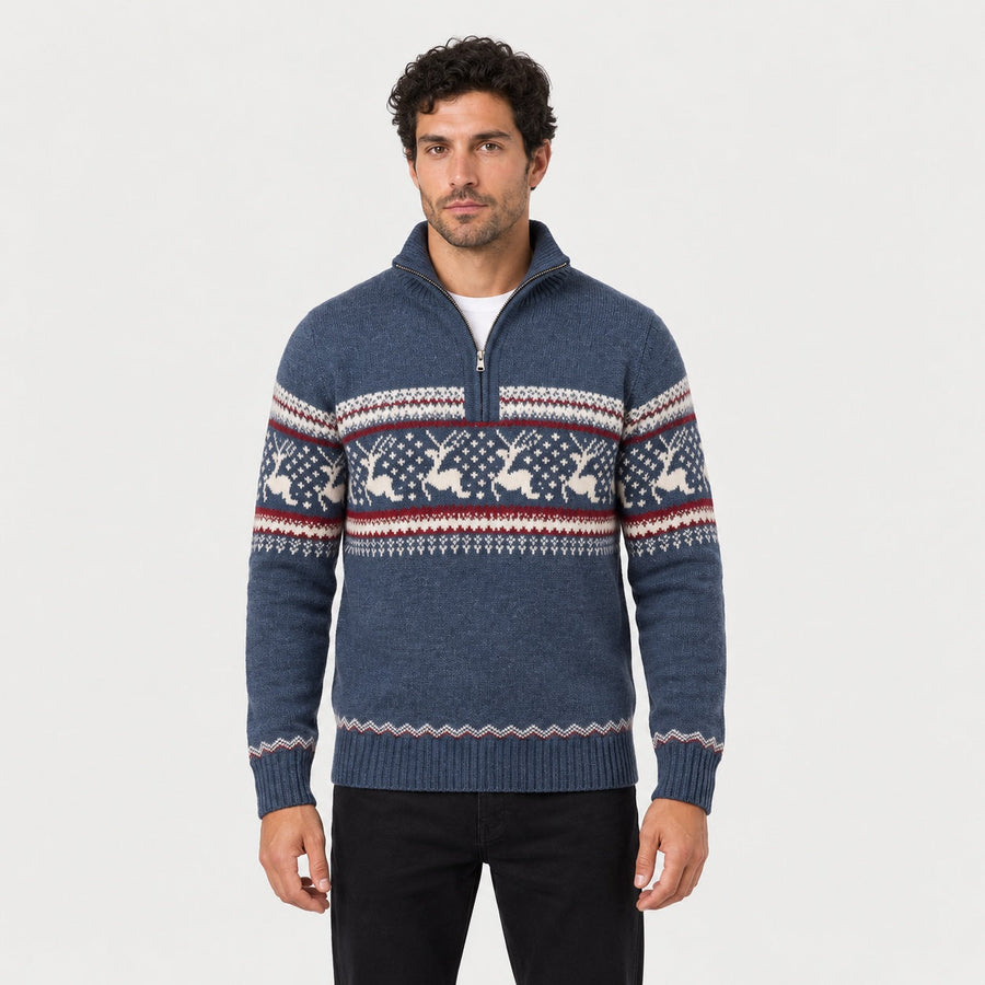 Men's Fair Isle half-zip jumper in Blue | Muchelney – front view