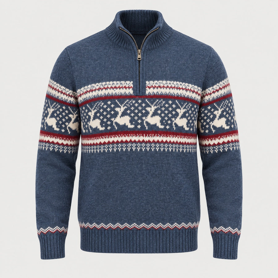 Men's Fair Isle half-zip jumper in Blue | Muchelney – front view