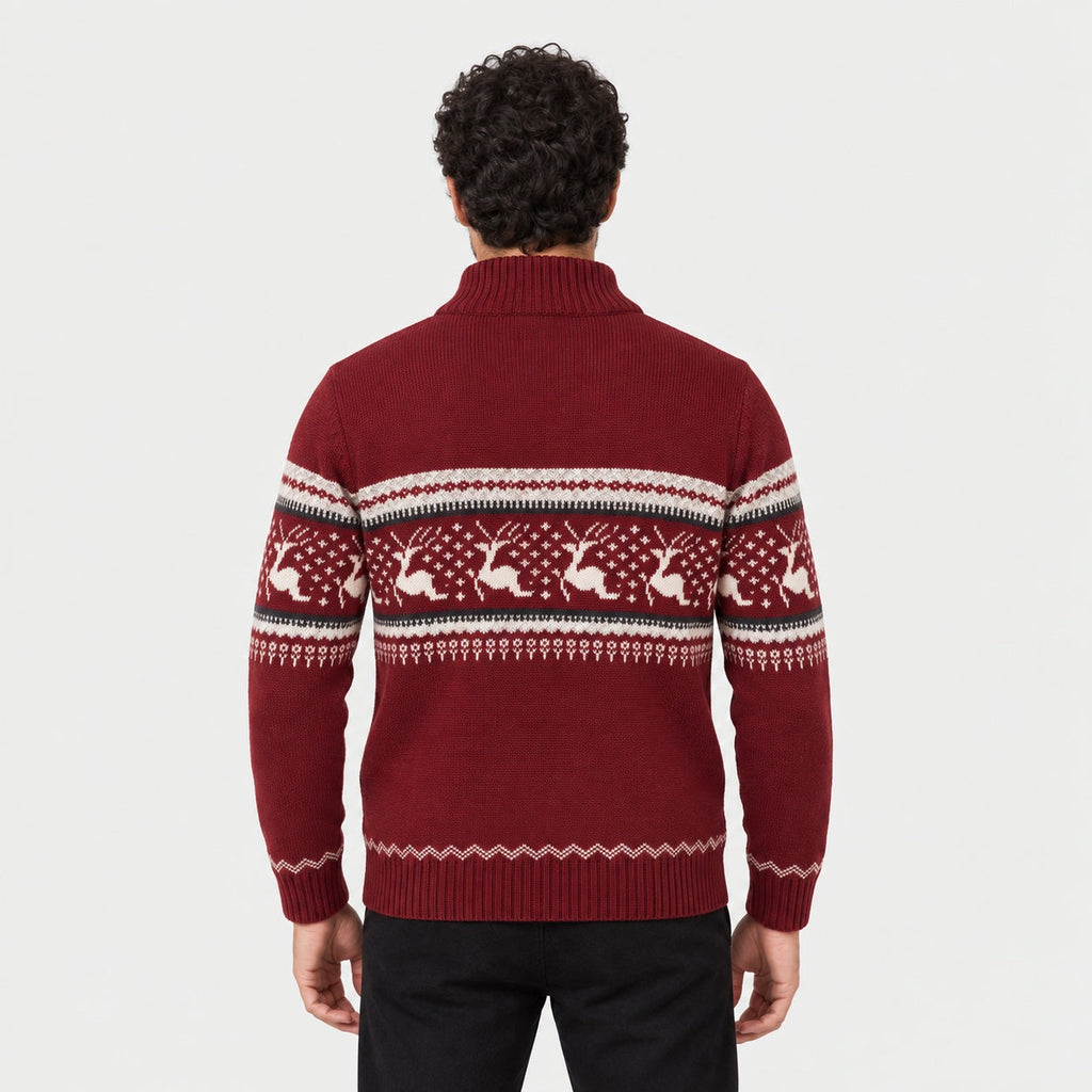 Men's Fair Isle half-zip jumper in Red | Muchelney – back view
