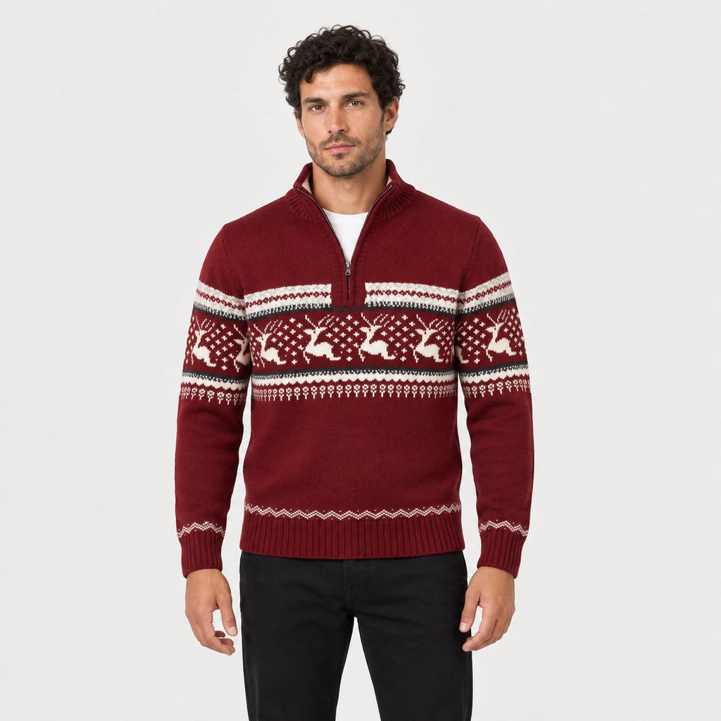 Men's Fair Isle half-zip jumper in Red | Muchelney – front view