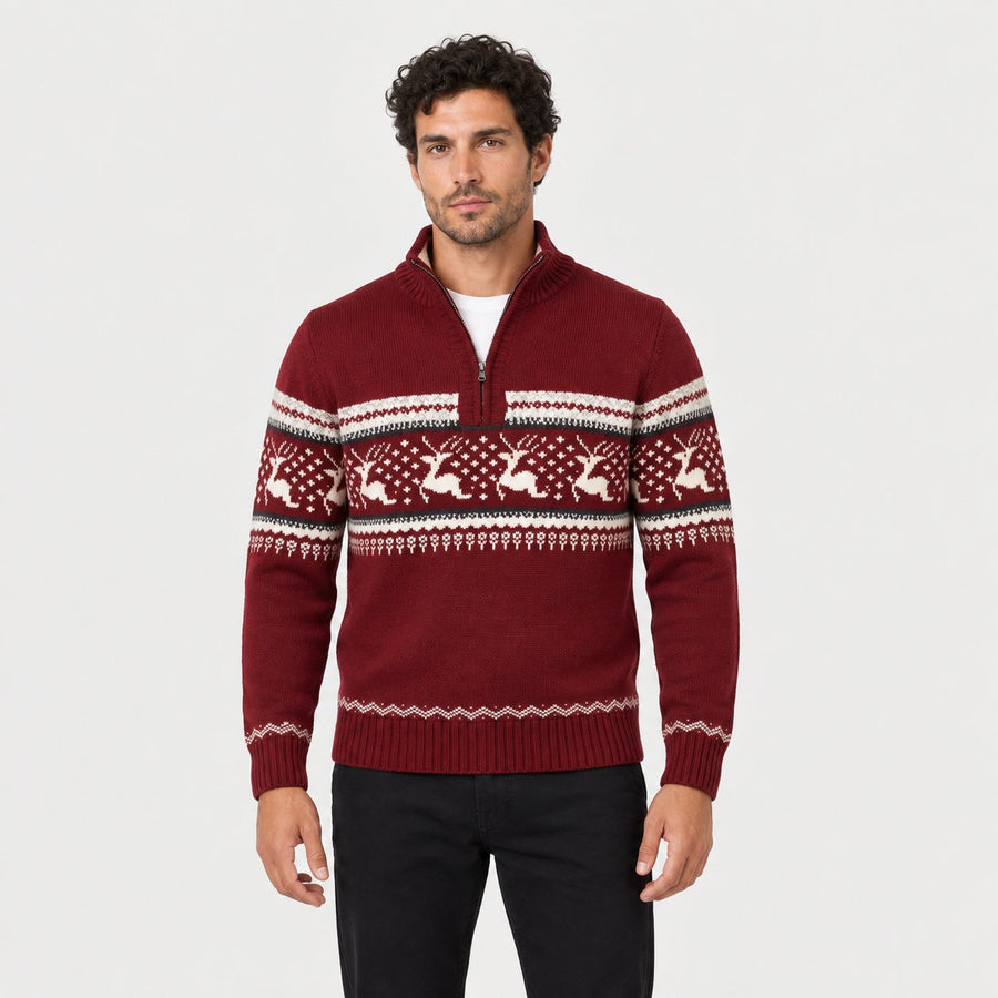 Men's Fair Isle half-zip jumper in Red | Muchelney – front view