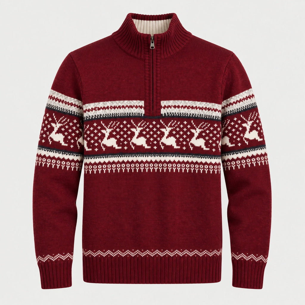 Men's Fair Isle half-zip jumper in Red | Muchelney – front view