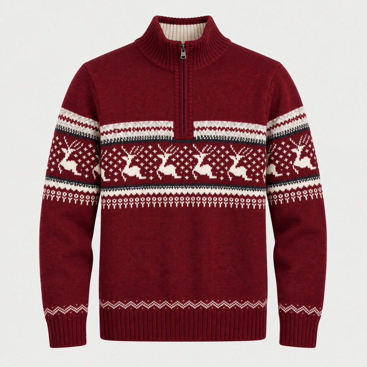 Men's Fair Isle half-zip jumper in Red | Muchelney – front view