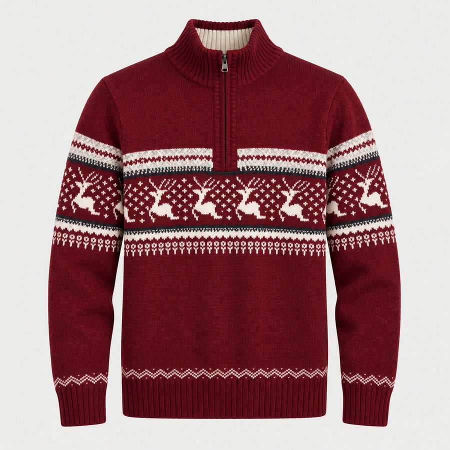 Men's Fair Isle half-zip jumper in Red | Muchelney – front view