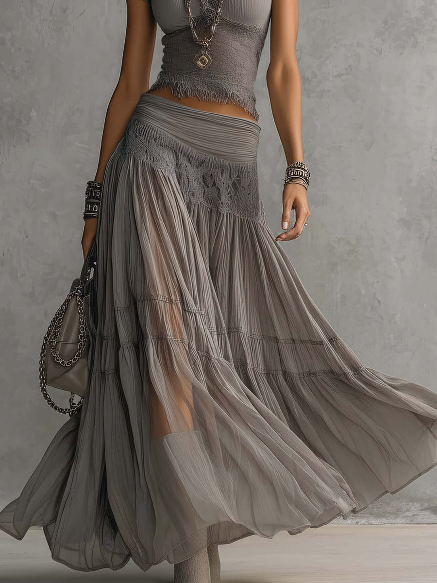 Women's lace panel top and pleated maxi skirt co-ord set