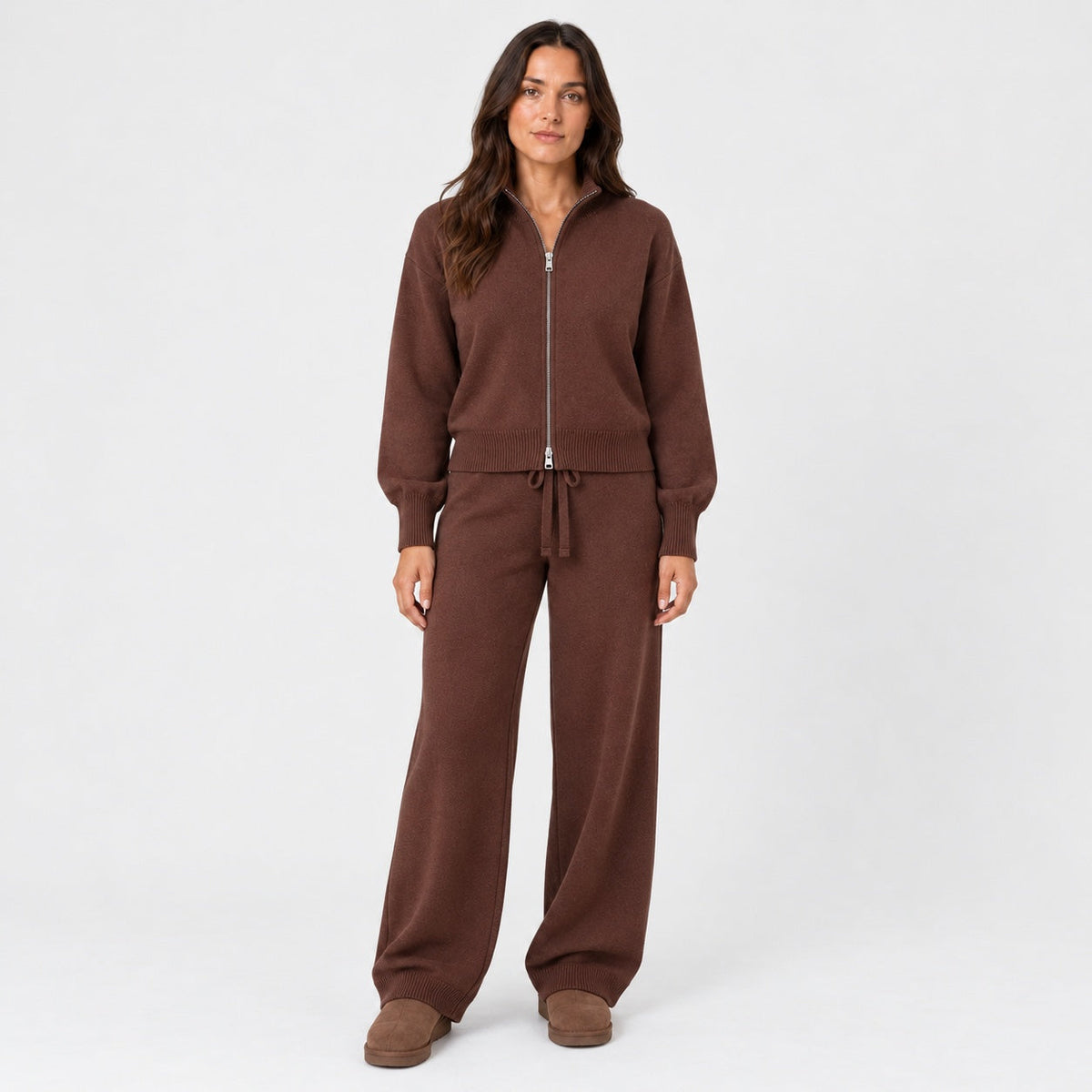 Women's knit co-ord set in Brown | Lanreath – front view