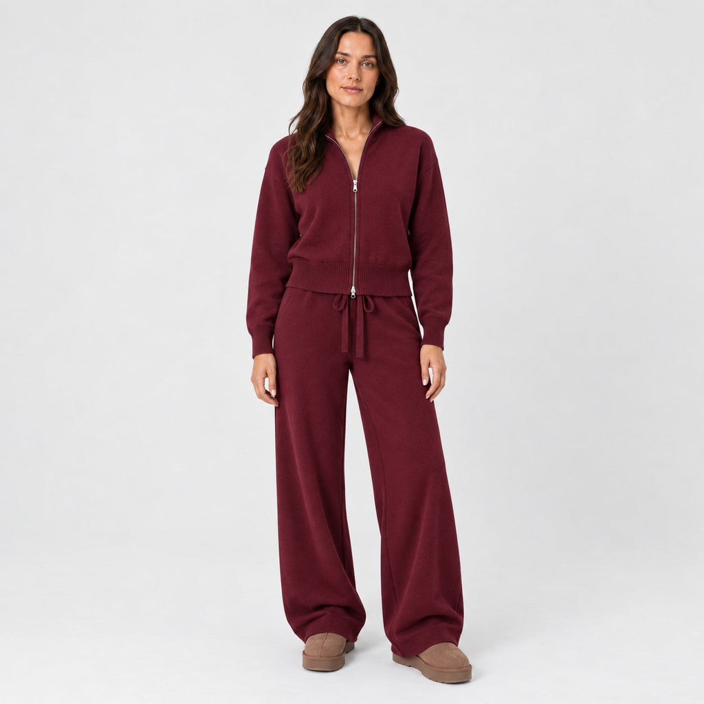 Women's knit co-ord set in Burgundy | Lanreath – front view
