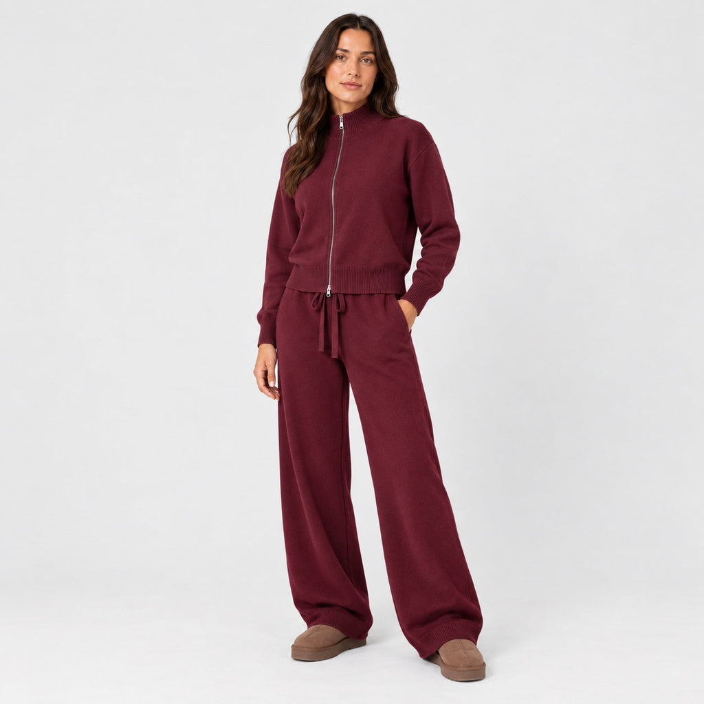 Women's knit co-ord set in Burgundy | Lanreath – side view