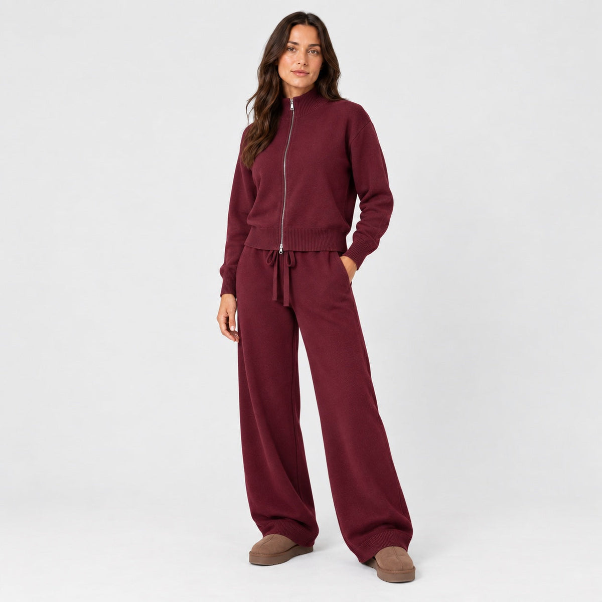Women's knit co-ord set in Burgundy | Lanreath – side view
