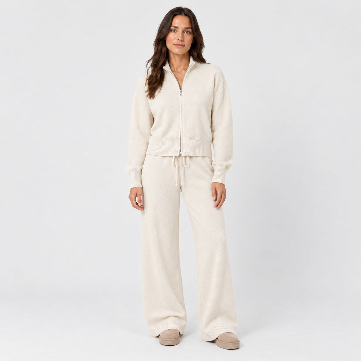 Women's knit co-ord set in Cream | Lanreath – front view