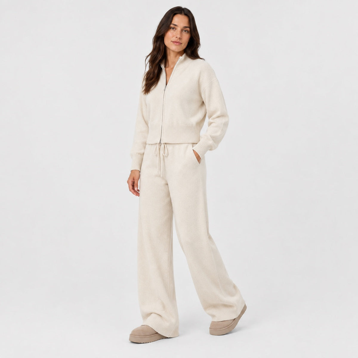 Women's knit co-ord set in Cream | Lanreath – side view