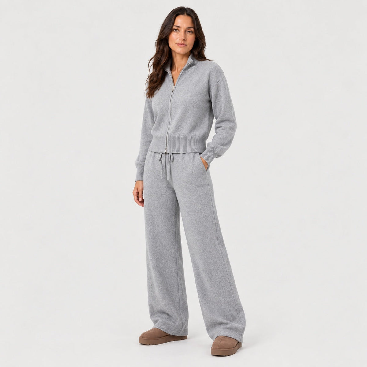 Women's knit co-ord set in Grey | Lanreath – side view