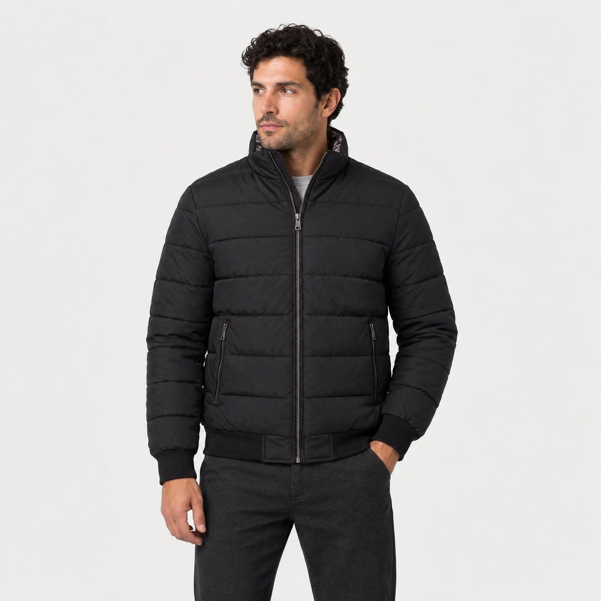 Men's padded bomber jacket in Black | Polstead – front view