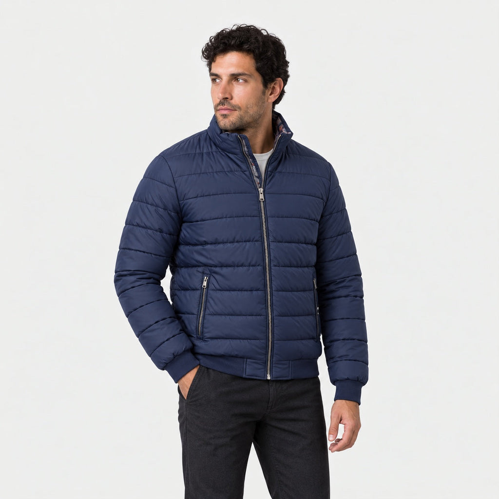 Men's padded bomber jacket in Navy | Polstead – side view