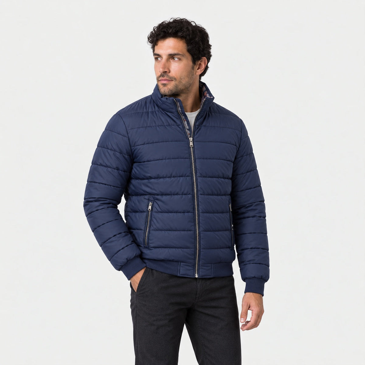Men's padded bomber jacket in Navy | Polstead – side view
