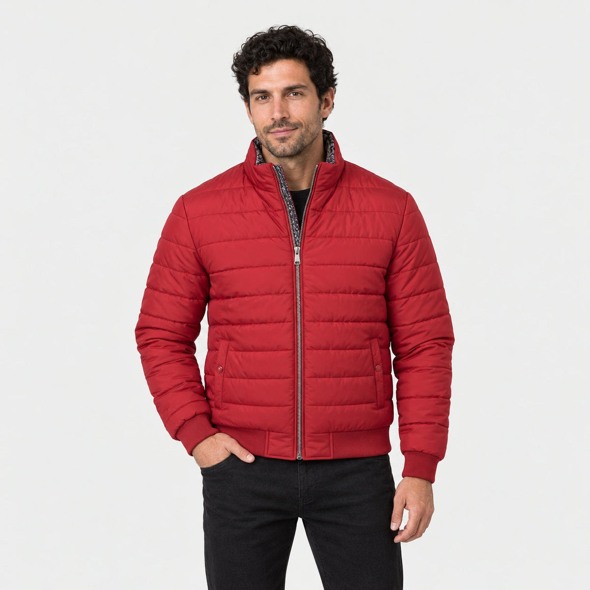 Men's padded bomber jacket in Red | Polstead – front view