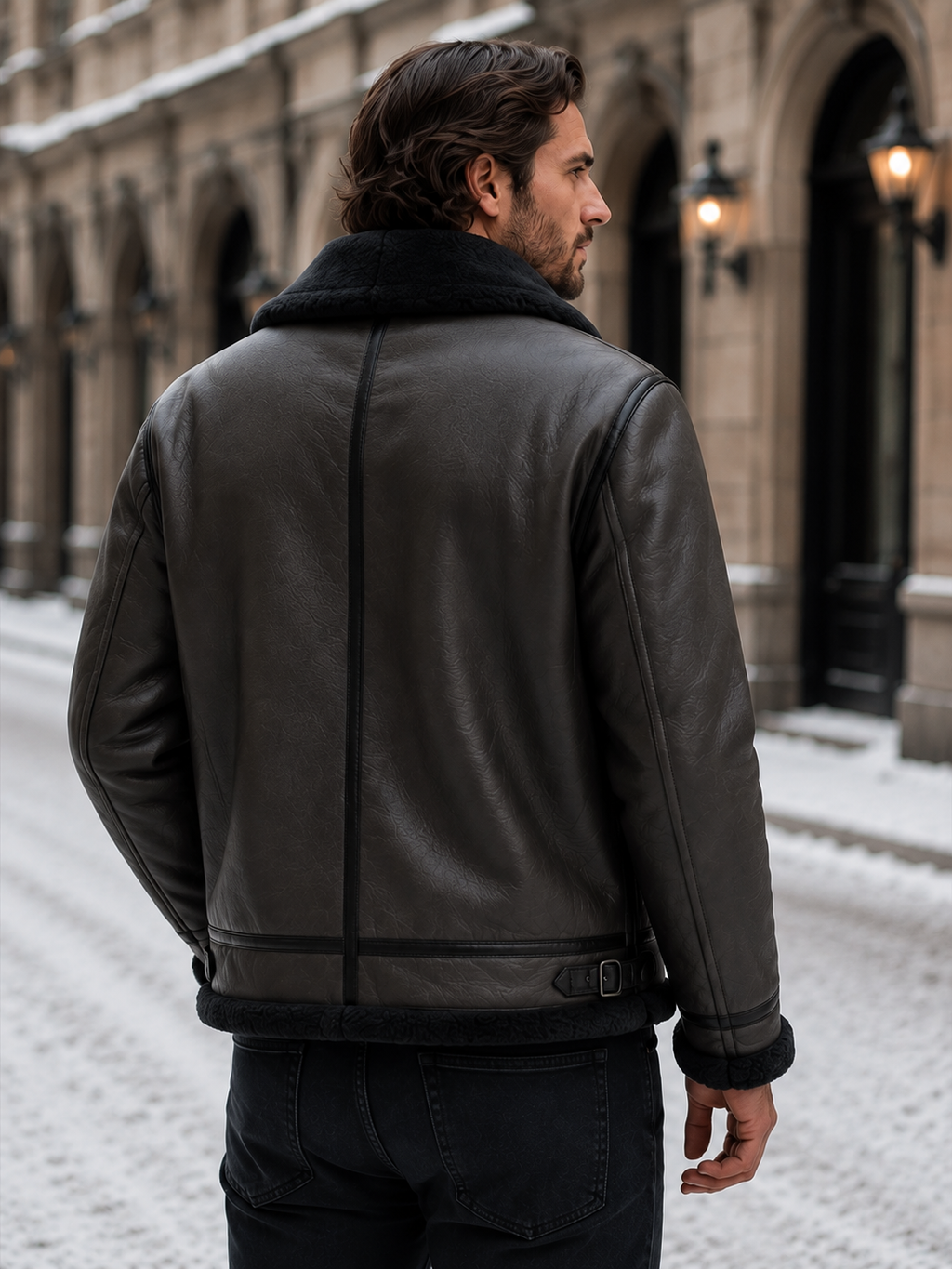 Men's leather-look faux shearling collar aviator jacket