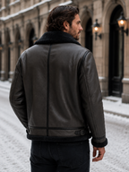 Men's leather-look faux shearling collar aviator jacket