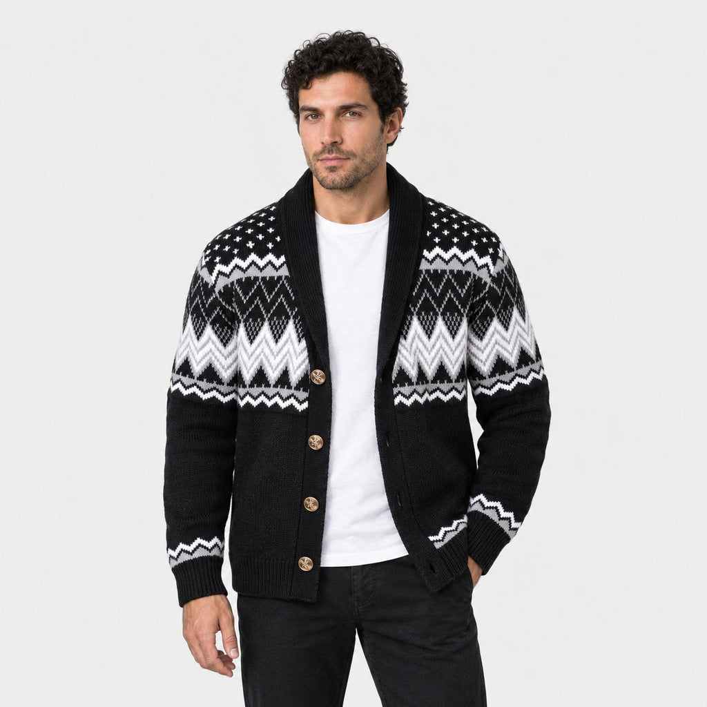 Men's Fair Isle shawl collar cardigan in Black | Brampton – front view