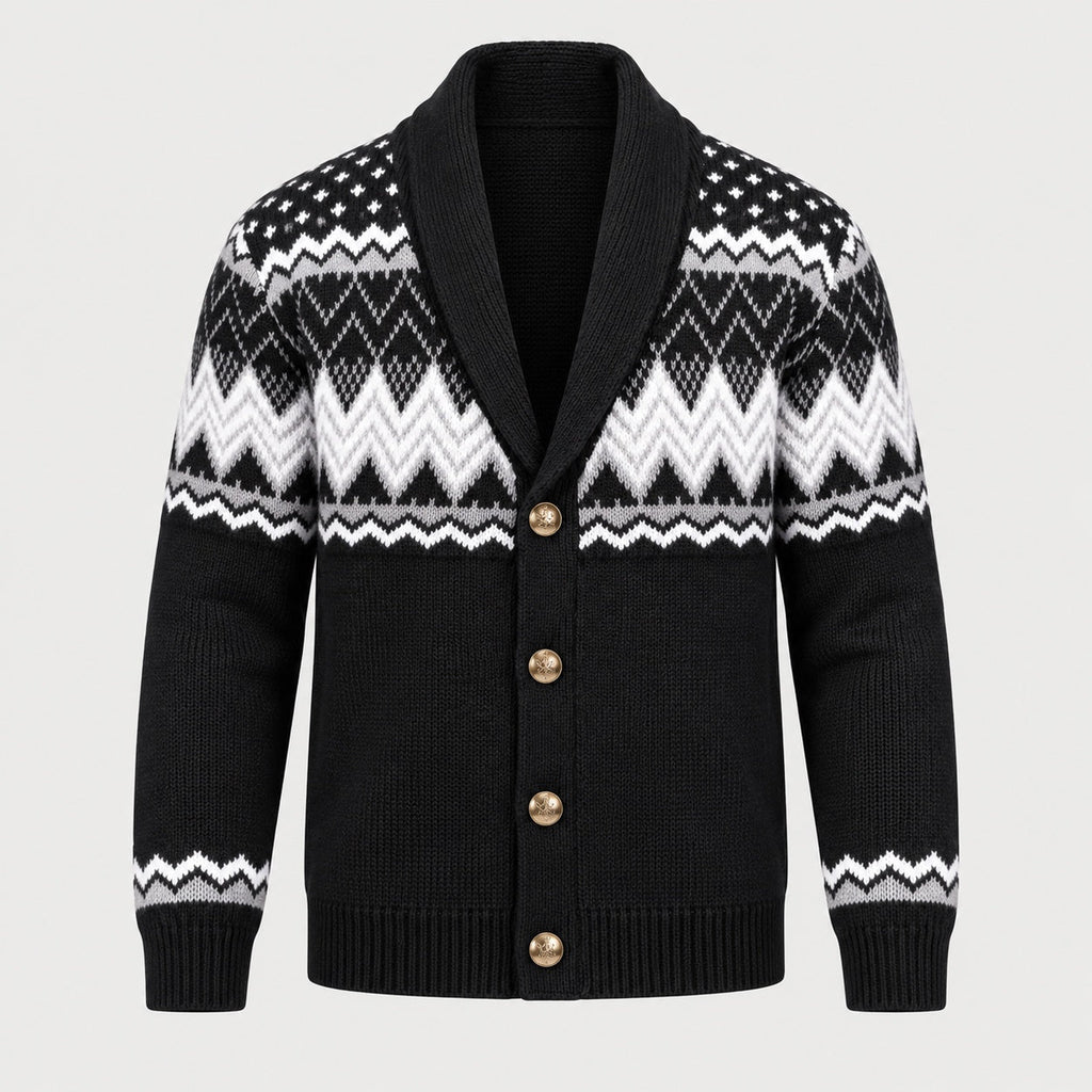 Men's Fair Isle shawl collar cardigan in Black | Brampton – front view
