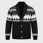 Men's Fair Isle shawl collar cardigan in Black | Brampton – front view