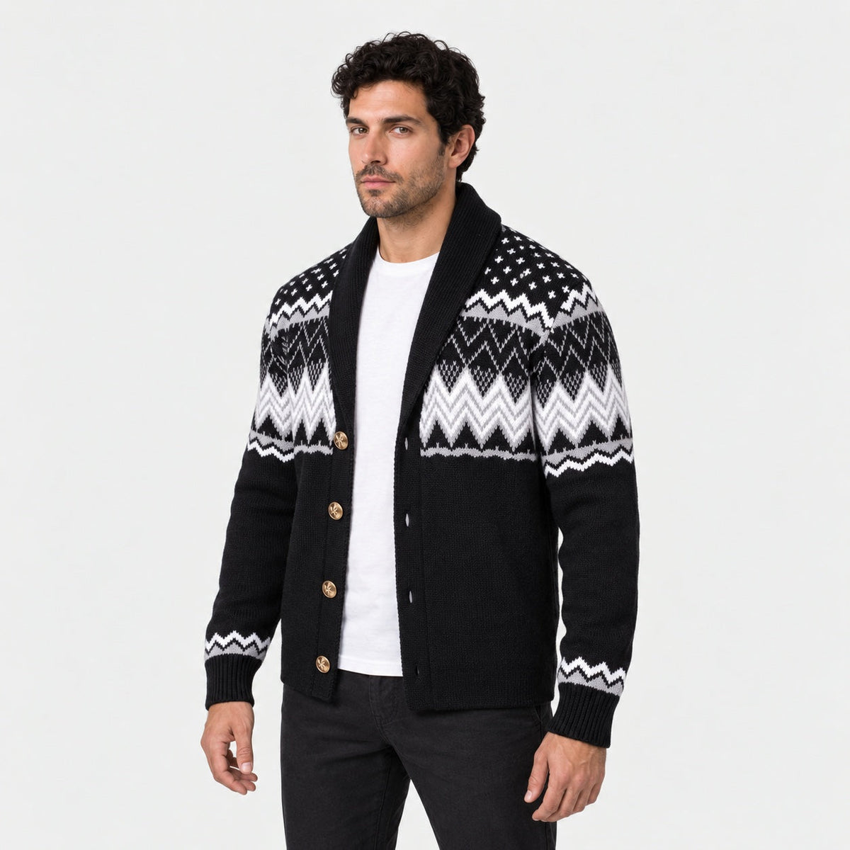 Men's Fair Isle shawl collar cardigan in Black | Brampton – side view