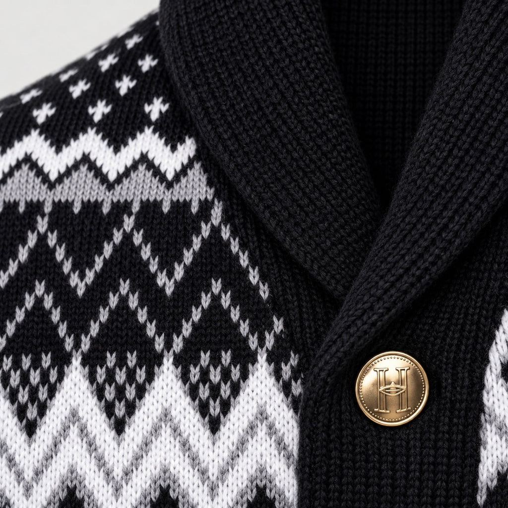 Men's Fair Isle shawl collar cardigan in Black | Brampton – detail view