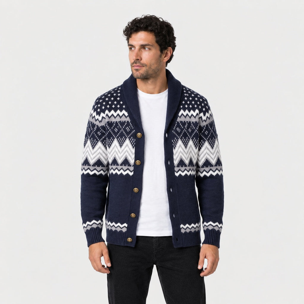 Men's Fair Isle shawl collar cardigan in Navy | Brampton – front view