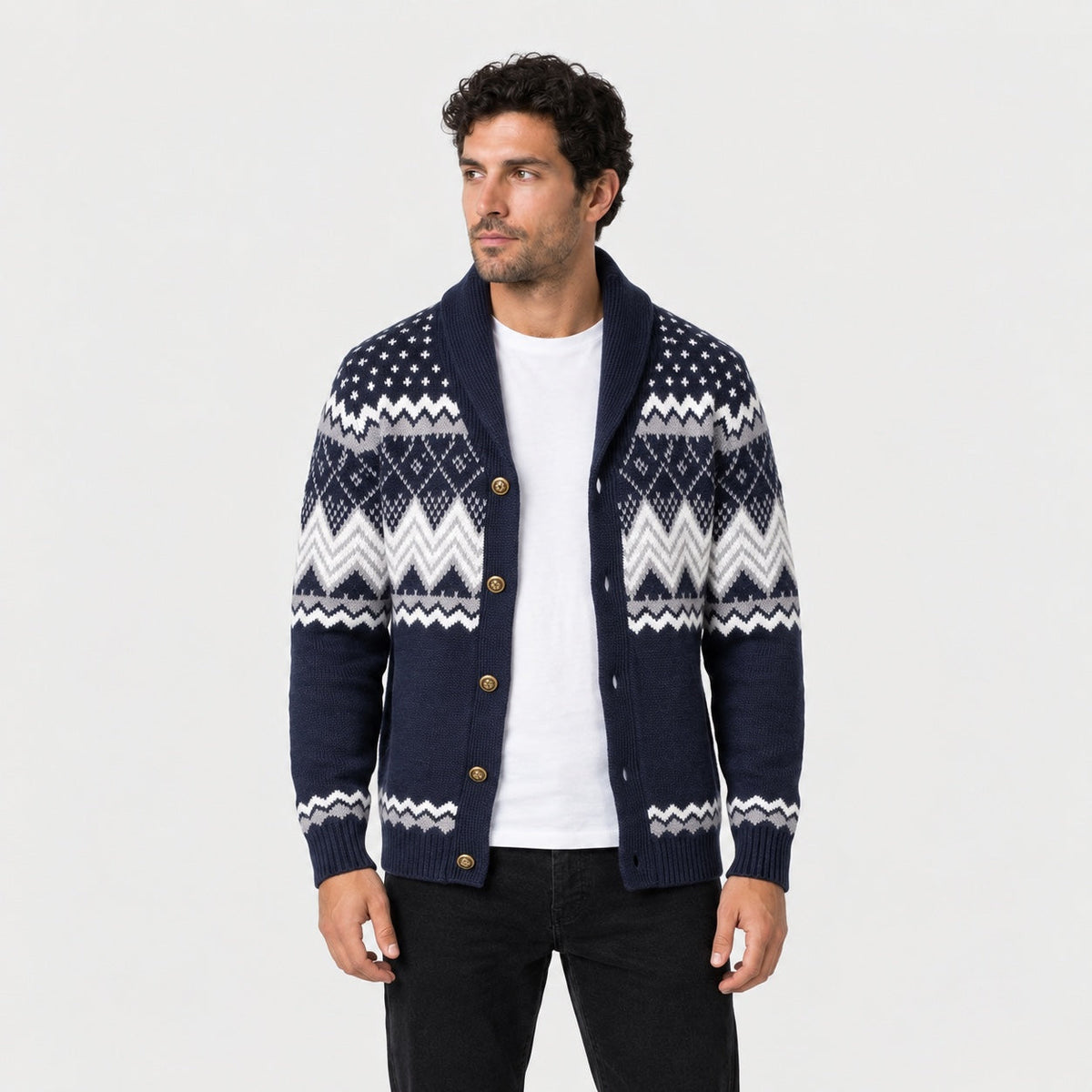 Men's Fair Isle shawl collar cardigan in Navy | Brampton – front view