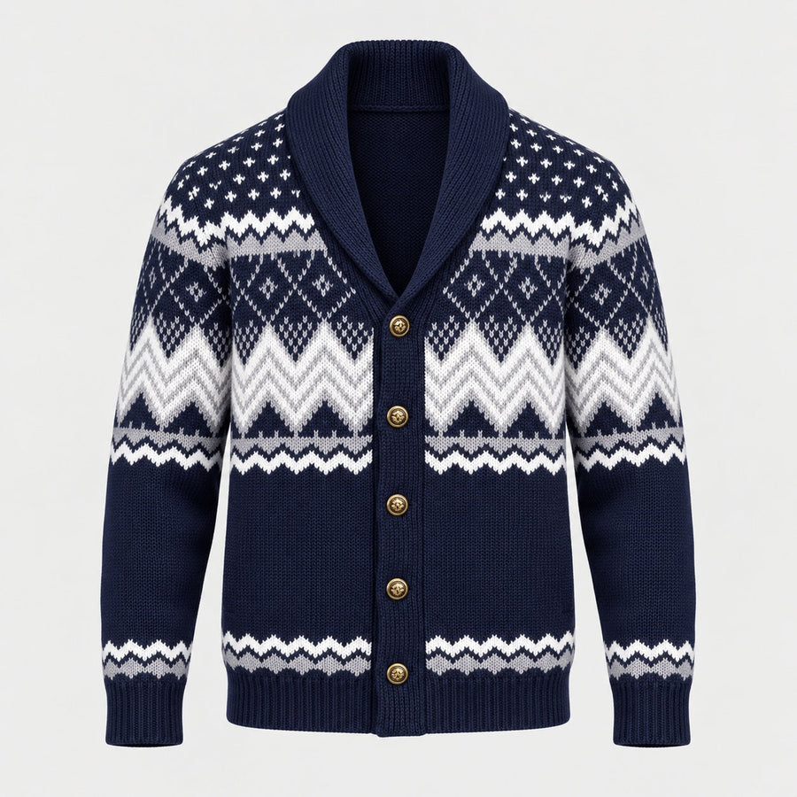Men's Fair Isle shawl collar cardigan in Navy | Brampton – front view