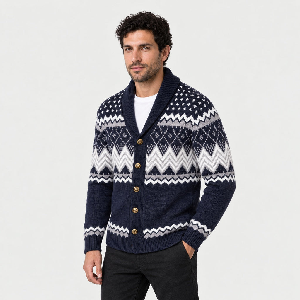 Men's Fair Isle shawl collar cardigan in Navy | Brampton – side view