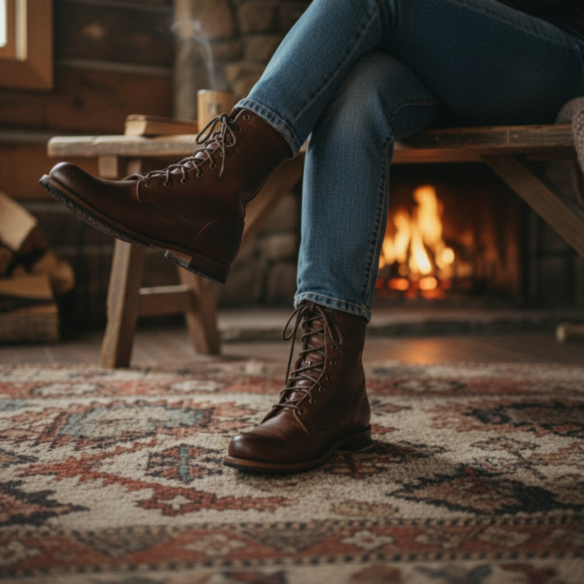 Women's Lace-Up Leather Combat Boots with Block Heel — view 3