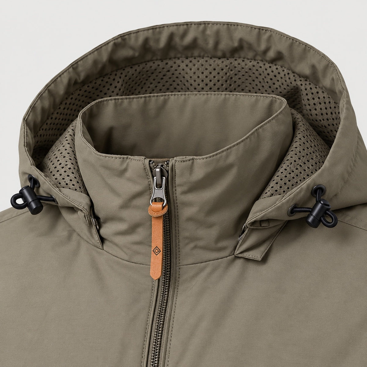 Men's Hooded Windbreaker in Khaki | Troutbeck – detail view