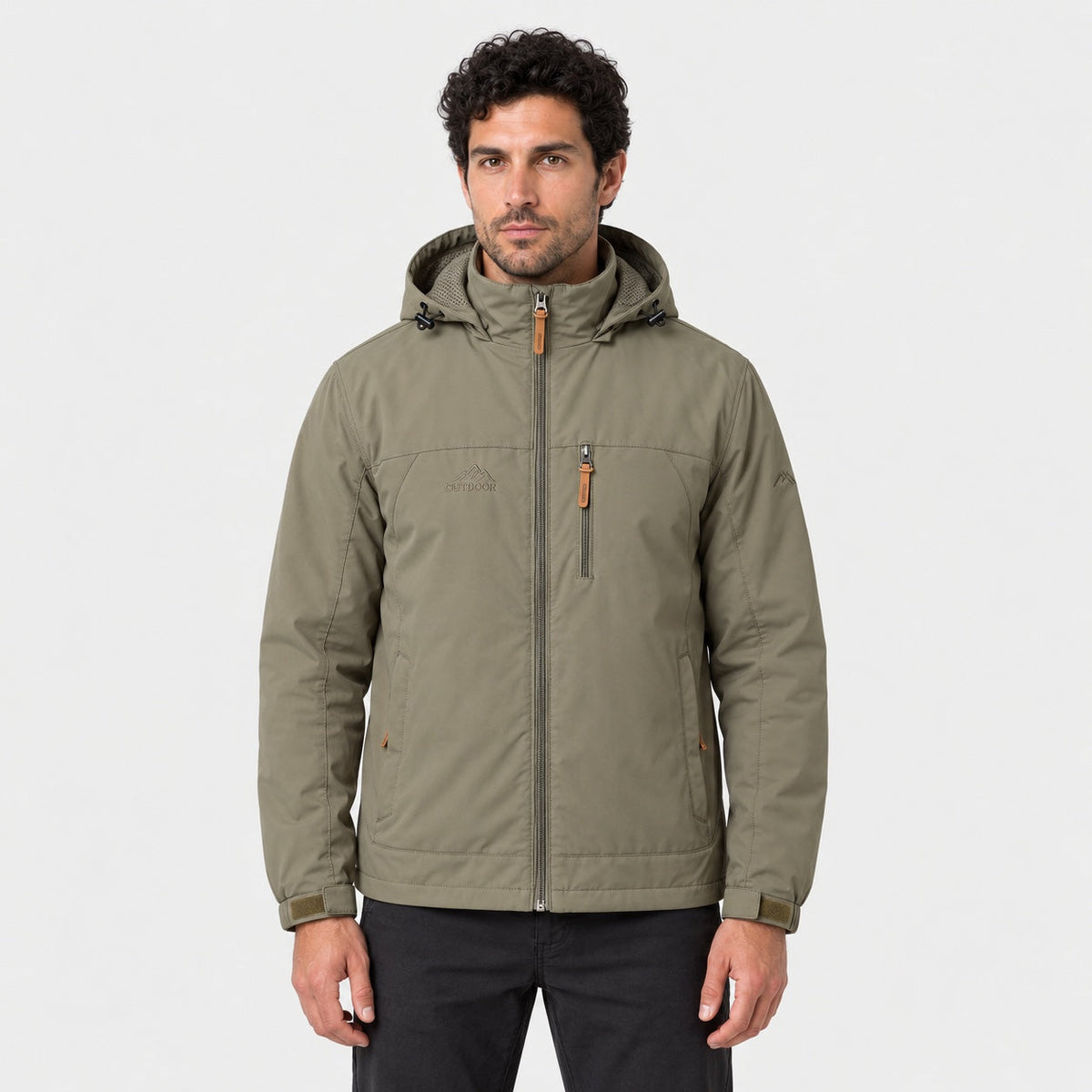 Men's Hooded Windbreaker in Khaki | Troutbeck – front view