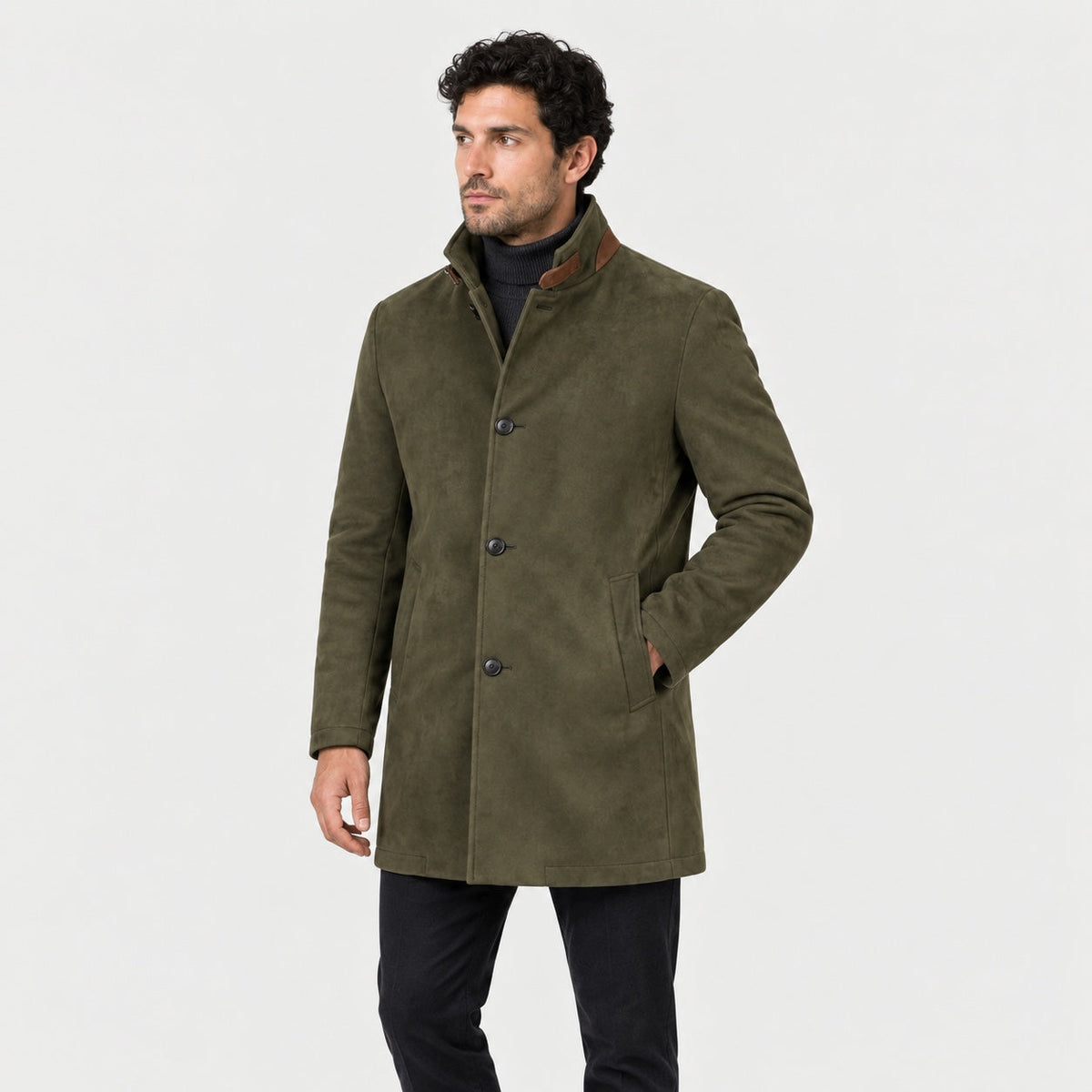 Men's suede-look car coat in Olive | Uffculme – side view